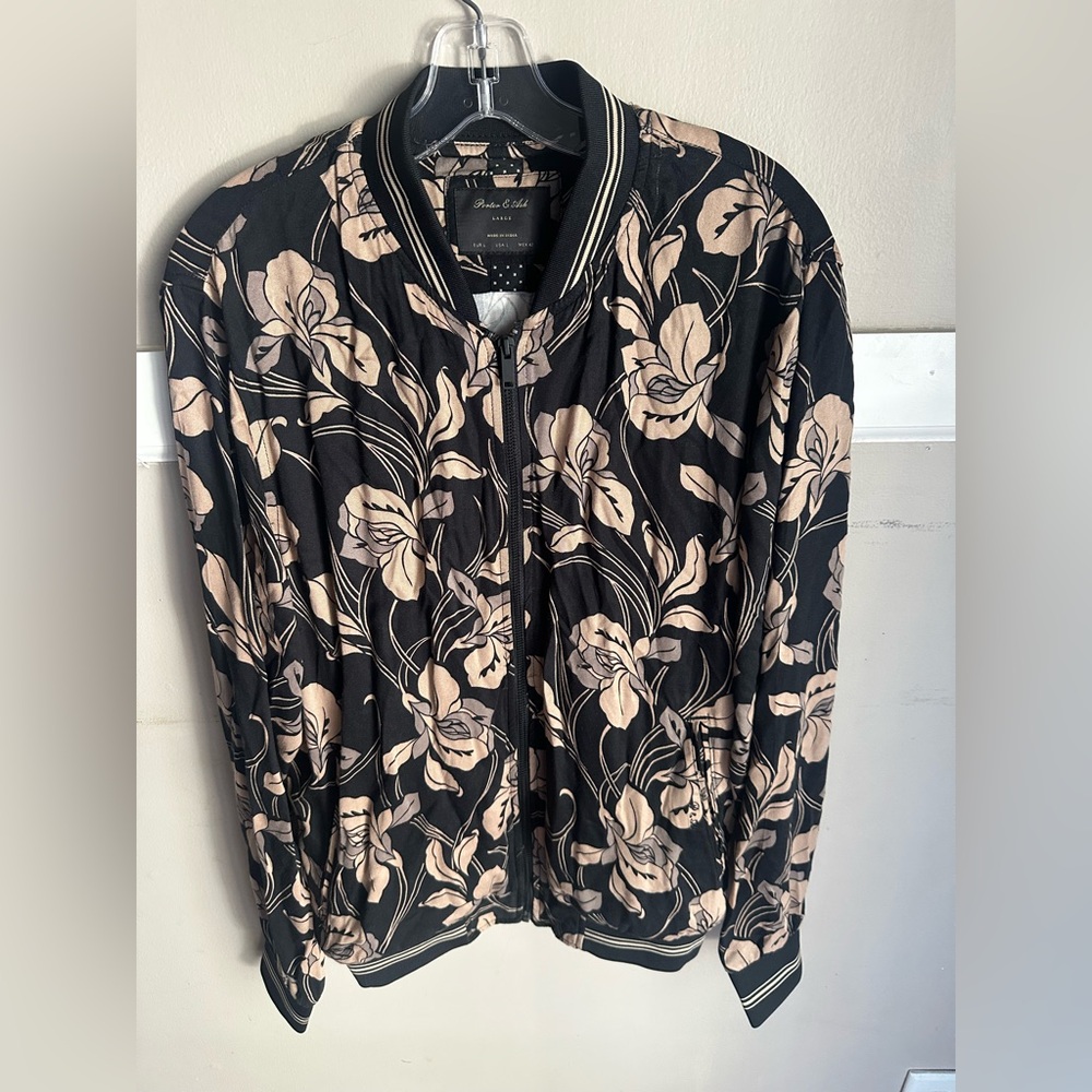 PORTER and ASH Bomber Jacket Size Large Beige Black Floral Full Zip